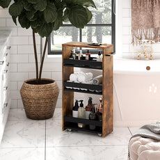 TEAMIX 4 Tier Slim Storage Cart with Handle, Slide Out Storage Rolling Utility Cart Mobile Shelving Unit Organizer Trolley for Small Spaces Kitchen Laundry Narrow Places (Brown+Black, 7-7/8'' W)