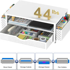 Spacrea Desk Organizer and Accessories, Computer Monitor Stand Riser with Drawer and 2 Pen Holders, Office Desk Accessories & Workspace Organizers for Office Supplies (White)