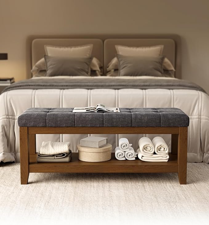 Solid Rubber Wood Shoe Bench, Soft Chenille Material Upholstered Seat, 770LB Load Capacity, Multi-Storage for Entryway/Bedroom/Living Room, Vintage Style, 43.3"x15.7"x17.7", Dark Gray,UASND65G