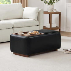 CHITA Storage Ottoman with Tray Lids, FSC Certified Small Rectangular Bench for Living Room, Bedroom, Faux Leather in Black (Light)