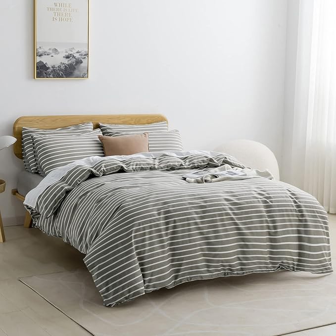 JELLYMONI Queen Duvet Cover Set, Cotton Duvet Cover 3 Pieces with Zipper Closure, 1 Duvet Cover and 2 Pillowcases(Gray with White Striped)