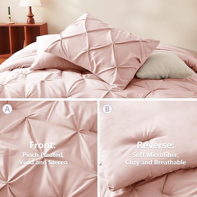 CozyLux Oversized Queen Comforter Sets Blush Pink, 7 Pieces Oversized Queen Pintuck Bed in A Bag, Pinch Pleat Bedding Sets with All Season Comforter, Flat Sheet, Fitted Sheet, Pillowcases & Shams