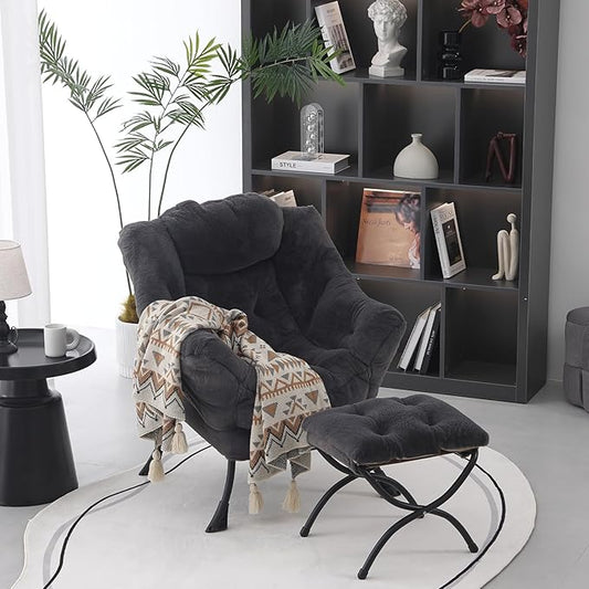 Lazy Chair with Folding Ottoman, Modern Accent Lounge Armchair with Armrests and a Side Pocket & Foldable Footstool, Leisure Reading Chair for Living Room, Bedroom, Dorm & Office, Plush Navy