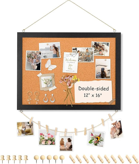 Double-Sided Cork Board for Wall, 16" x 12" Hanging Wood Framed Small Bulletin Board, Picture Display Vision Board Corkboards for Wall Room School Office Decor, 20 Pushpins (Black)