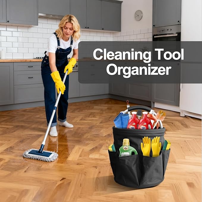 Bucket 17L Cleaning Organizer with Handle with 6 Pockets Foldable Storage Blue Portable Cleaning Bucket Bag Shower Box Home Garden Multifunctional Camping Storage Basket (Black)