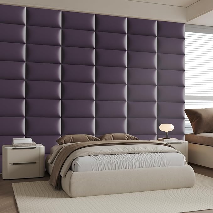 Purple Faux Leather Headboard for Queen Bed - 6-Panel Peel & Stick Wall-Mount or Freestanding Design, 24x12-Inch Upholstered Panels