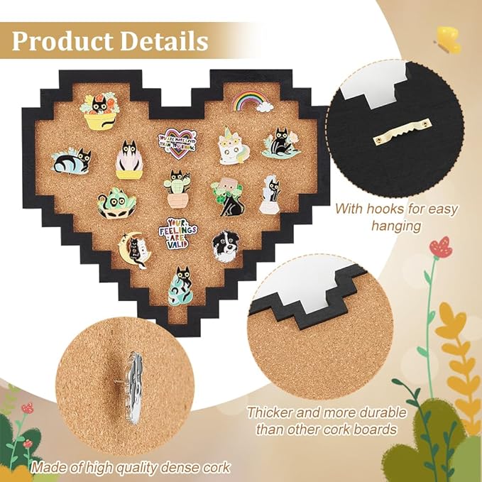 BENECREAT Pin Board Pixel Heart Cork Board, 0.8inch Thick Wall Mounted Cork Board Bulletin Display Board for Brooch Pin Storage, Office Home Festival Home Decor, 9x7.9inch