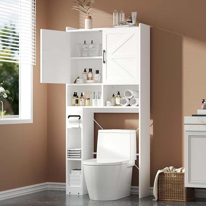 FURSUN 32" W Over The Toilet Storage Cabinet with Metal Frame, Bathroom Organizer with Adjustable Shelves and Paper Holder, 7 Storage Shelves, Farmhouse Storage Cabinet for Bathroom, Laundry, White