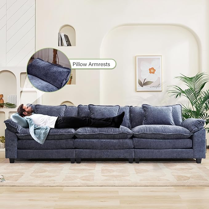 120" Modular Sectional Sofa, Comfy Cloud Couch Sectional, Chenille Sofa Sleeper Deep Seat Sofa with Throw Pillows for Living Room (Blue, 120"- 3 Seater)