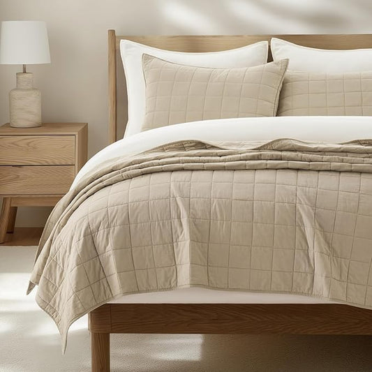 EVERGRACEHOME 100% Cotton Box Stitch Quilt Bedding Set Queen Size 3 Pieces, Garment-Washed Lightweight Soft Cozy Coverlet, Quilted Bedspread Sets with 2 Shams for All Season, Pebble Khaki