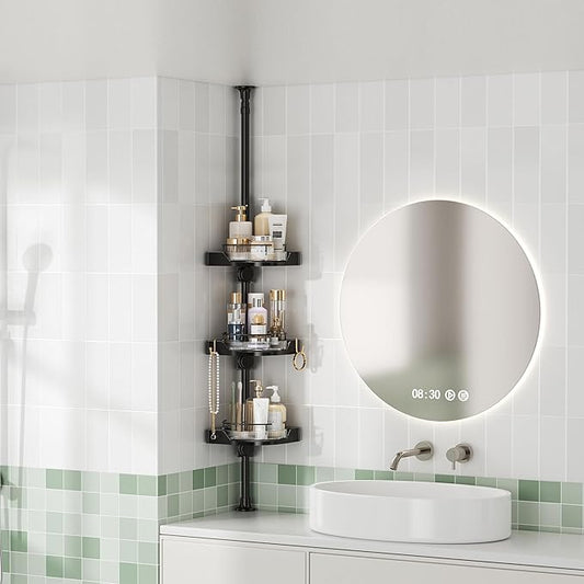 Corner Shower Caddy Tension Pole, 3 Tiers Rotating Shower Organizer for Bathroom Shelf Bathtub, Adjustable Standing Shower Rack Bathroom Accessories, Easily Assemble, 34-124 Inch Height，Black