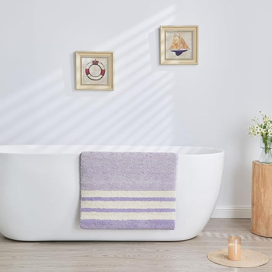 CozeCube Bath mats for Bathroom Non Slip, Fluffy Absorbent Microfiber Bath mat Washable, Aesthetic Bathroom Rugs, Large Purple Striped Bath mat, Lavender, 36" x 24"