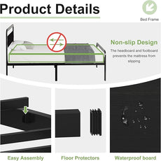 14 Inch Twin Size Bed Frames with Wooden Headboard and Footboard, Rustic Black Wood Bed Frame Twin No Box Spring Needed, Heavy Duty Mattress Foundation, Easy Assembly