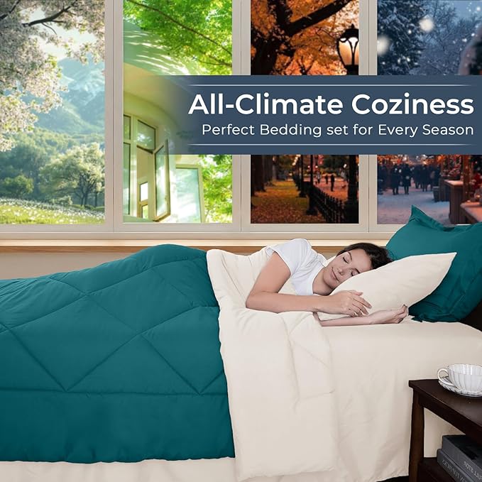 HEVUMYI Queen Comforter Set - 7-Piece All Season Bed in a Bag Queen, Ultra Soft Bedding Set with Comforter, Flat Sheet, Fitted Sheet, Pillowcases, Pillow Shams, Peacock Blue & Ivory