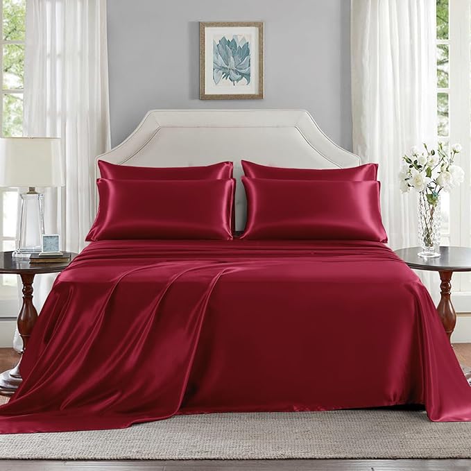Satin Sheets King Size - 6 Pieces Luxury Silky Soft Bed Sheets, Wrinkle-Free Burgundy Satin Silk Sheet Set with 1 Deep Pocket Fitted Sheet, 1 Flat Sheet, 4 Pillow Cases