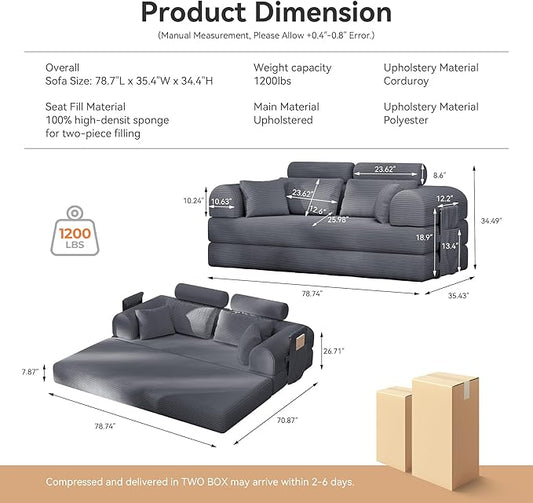 Upgrade High Backrest Design Sofa Bed with Fixed-Shape Frame & Removable Armrests and Backrest, Corduroy Fabric, Convertible Couch for Small Spaces - No Assembly Needed (High Backrest Dark Gray)
