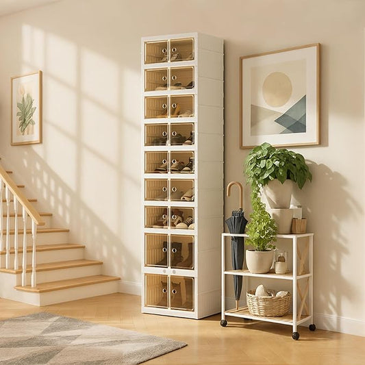 Foldable Shoe Organizer Storage Box, Portable Extra Large Folding Shoe Rack for Closet, Shoe Storage Box with Magnetic Transparent Door and Wheels, 9 Layers 18 Grids with 4 Big Grids