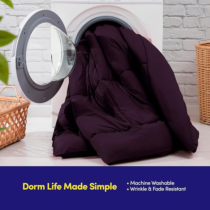 Dorm Room Essentials College Bedding Comforter Set 5 Piece Twin Size Bed in a Bag for College Students Boys and Girls, Twin, Purple