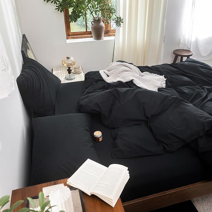 FOSSA Duvet Cover Set 100% Washed Cotton Linen Feel Super Soft Breathable Cozy 3 Pieces Bedding Sets Solid Black Full/Double