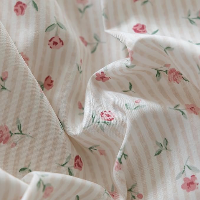 mixinni White Flower Pattern Duvet Cover King Pink Floral Stripes Duvet Cover Set 100% Cotton Bedding Set with Zipper Ties Bow Tie Pillowcases, Easy Care, Ultra Soft and Breathable-King Size