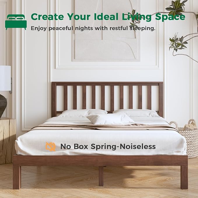 DELAVIN Solid Wood Queen Size Bed Frame with Headboard, Malaysian Oak Platform Bed Frame, Mid Century Modern Bedframe, No Box Spring Needed, Easy Assembly, Queen, Antique Espresso