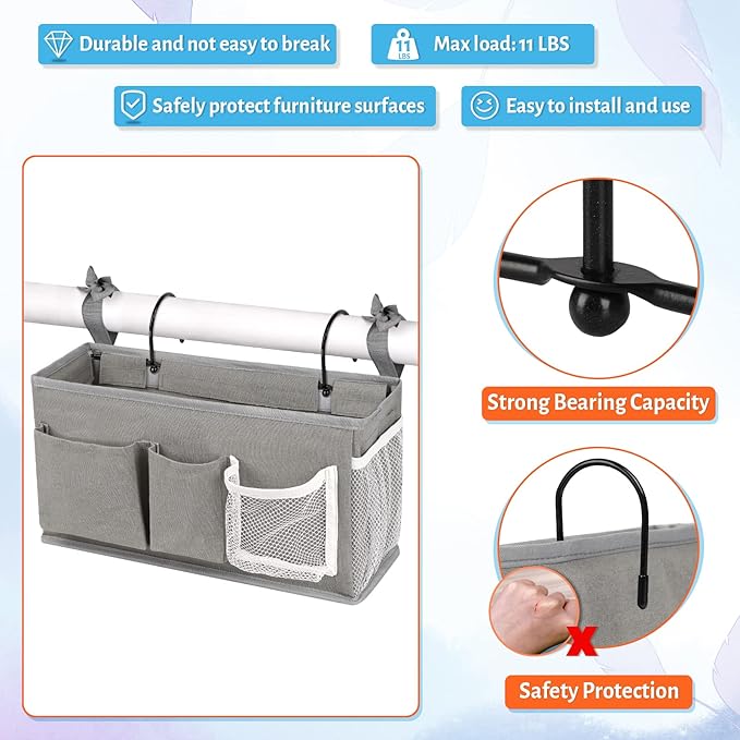 Loghot Bedside Caddy/Bedside Storage Bag Hanging Organizer for Bunk and Hospital Beds,Dorm Rooms Bed Rails,Can be Placed Glasses,Books,Mobile Phones,Keys (New Grey-1)
