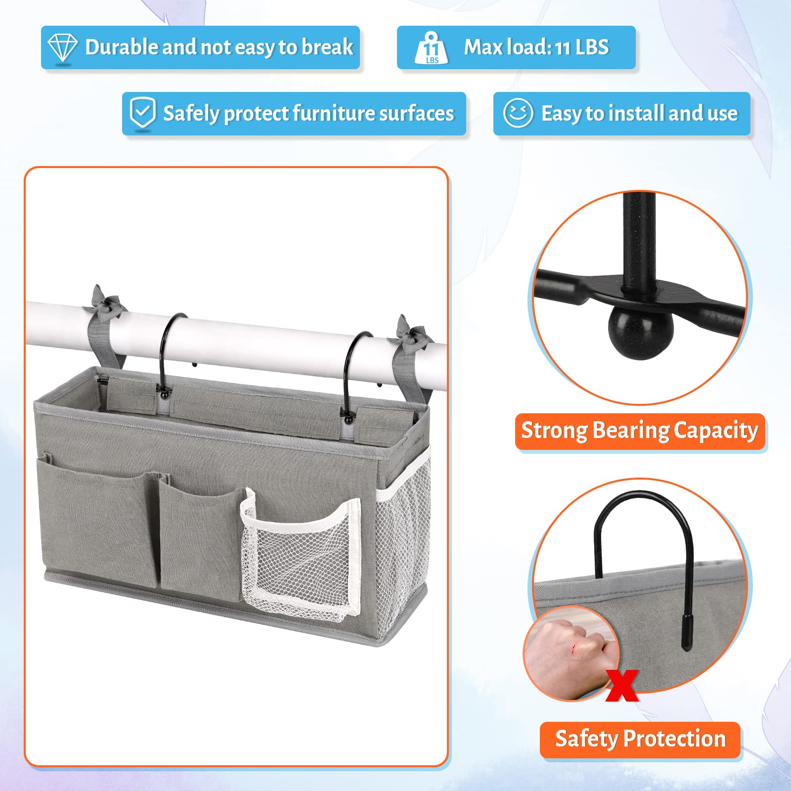 Loghot Bedside Caddy/Bedside Storage Bag Hanging Organizer for Bunk and Hospital Beds,Dorm Rooms Bed Rails,Can be Placed Glasses,Books,Mobile Phones,Keys (Light Pink) Dormly