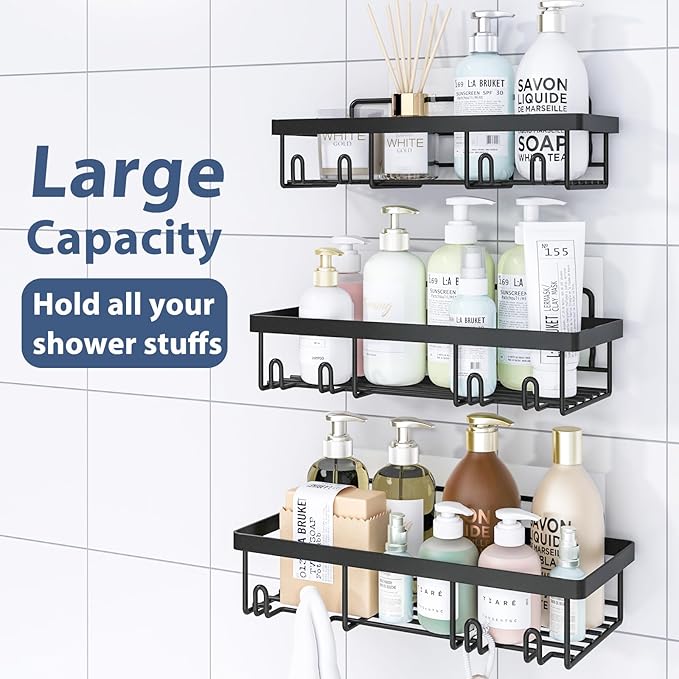 5 Pack Shower Caddy Organizer Rack Shelf for Inside Shower, Adhesive Bathroom Wall Storage Basket Rustproof Stainless Steel Shampoo Holder, Bathroom Accessory Decor Set, Black.