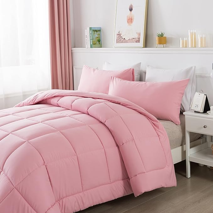 DOWNCOOL Twin Comforter Set -All Season Bedding Comforters Sets with 1 Pillow Case -2 Pieces Bed Set Down Alternative Comforter Set -Pink Twin Bedding Sets(64"x88")