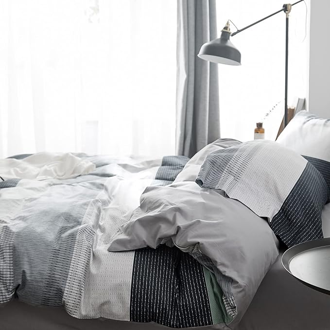 VM VOUGEMARKET Striped Duvet Cover Full,3 Pieces Blue Gray Duvet Cover Sets-100% Cotton Modern Simple Comforter Cover with Zipper for Teens Boys Men-80x90 Inch