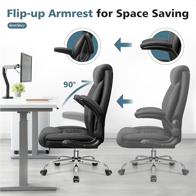 Office Chair, Ergonomic High Back Home Office Desk Chair, Big and Tall Breathable Leather Office Chair with Lumbar Support Flip-Up Armrests, Computer Chair with Rocking Function