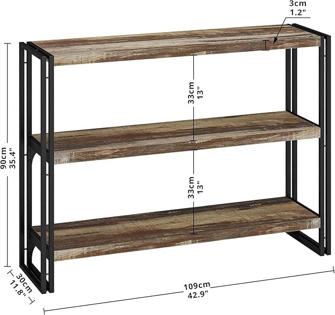 IRONCK Bookshelf Industrial 3 Shelf Bookcase, Wood Storage Shelf with Metal Frame for Living Room, Rustic Brown