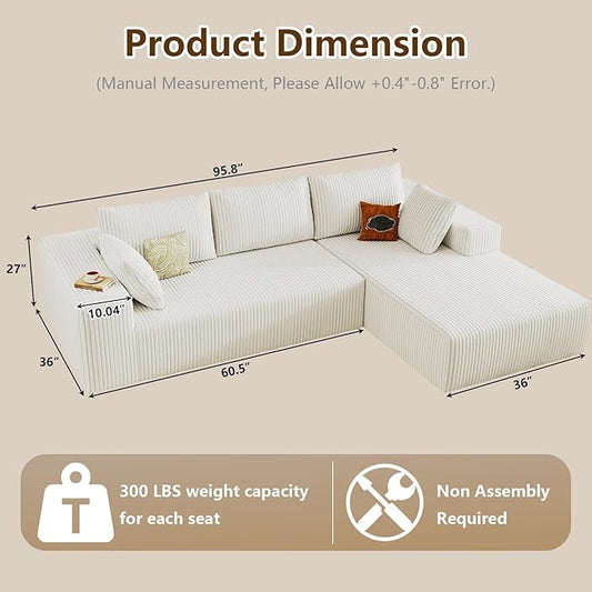 96" Modular Sectional Couch, Boneless L Shaped Cloud Sofa with Chaise Lounge, Corduroy Upholstered Couches Memory Foam Deep Seat, No Assembly Required, Ideal for Living Room(White, Right Facing)