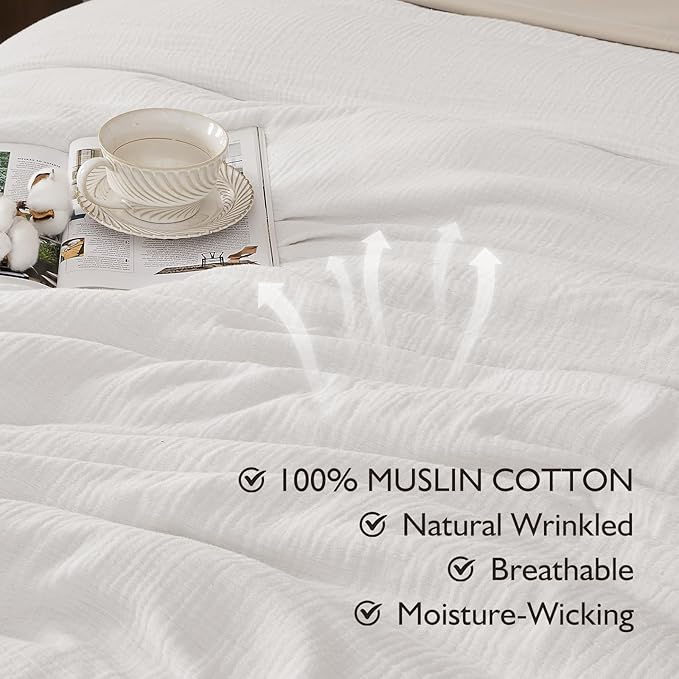 EMME Muslin Duvet Cover Queen Size Cream White, 100% Cotton Linen Like Comforter Cover Soft Breathable Lightweight Gauze Duvet Cover with 2 Pillowcases, 90"x90"