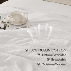 EMME Muslin Duvet Cover Queen Size Cream White, 100% Cotton Linen Like Comforter Cover Soft Breathable Lightweight Gauze Duvet Cover with 2 Pillowcases, 90