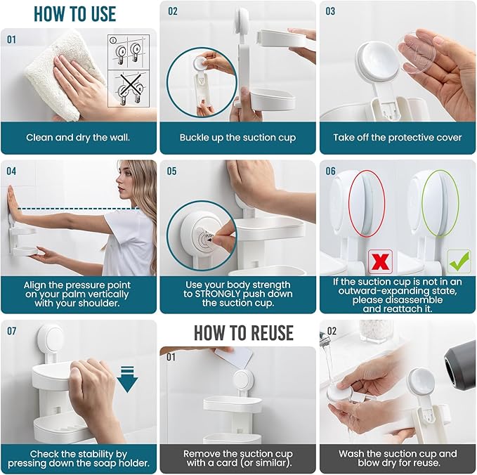 TAILI Double Layer Soap Dish Suction Cup Soap Holder, Strong Sponge Holder for Shower, Bathroom, Tub and Kitchen Sink, Drill-Free, Removable