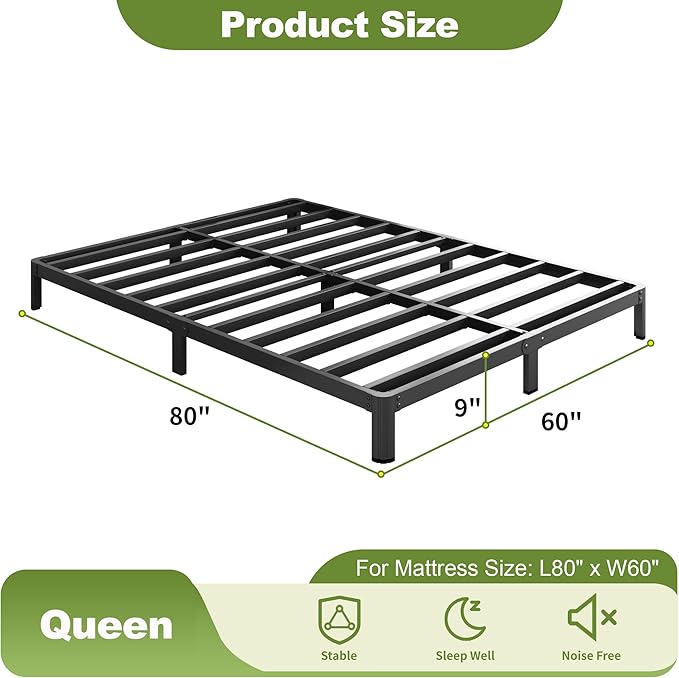 9 Inch Queen Bed Frame Rounded Corner Legs No Box Spring Needed, Heavy Duty Metal Queen Size Platform Bed Frame, Easy Assembly, Noise Free, Black