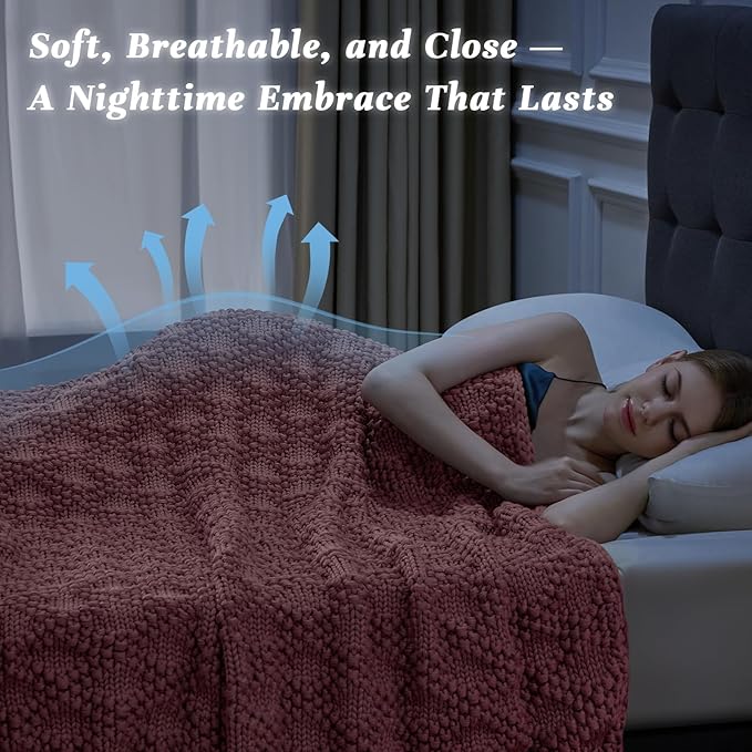 Knitted Weighted Blanket for Adult, Chunky Knit Weighted Throw for Sleep 50"*60" 10lbs, Cooling Breathable Heavy Blanket for Hot Sleepers, Machine Washable Blanket for Room Decor(Pink)