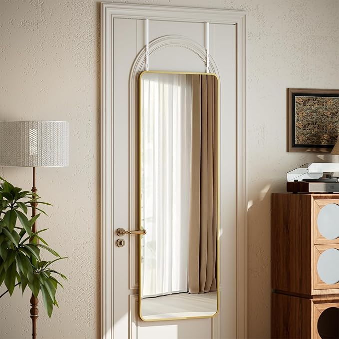 VooBang 14"x48" Full Length Over The Door Mirror - Aluminum Alloy Frame Full Body Mirror with Height-Adjustable Hangers, Hanging Leaning Against Wall for Dorm, Gold