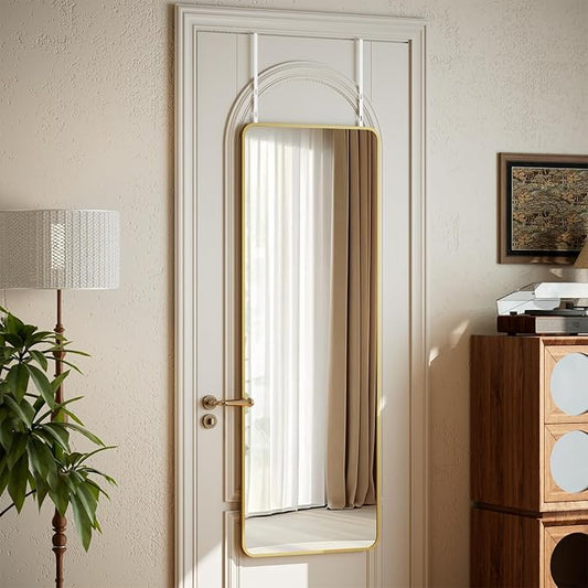 VooBang 14"x48" Full Length Over The Door Mirror - Aluminum Alloy Frame Full Body Mirror with Height-Adjustable Hangers, Hanging Leaning Against Wall for Dorm, Gold