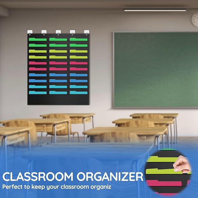 ZKOO 30 Pockets Hanging Wall File Organizer for A4 Size Paper/Legal/ Letter Size Document, Sturdy Wall Mail Organizer Black Pocket Chart Great for Classroom, Office, Home Use with 5 Hangers