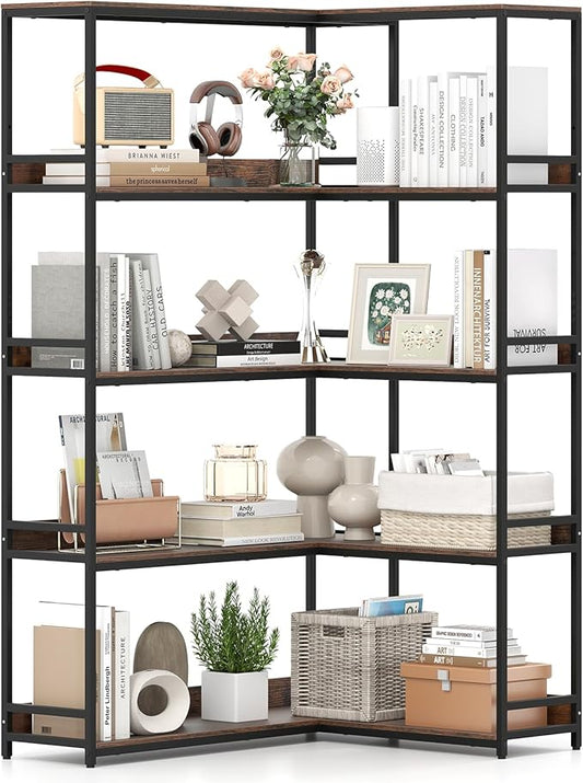 Giantex 5-Tier Corner Bookshelf, 71" L-Shaped Bookcase, Tall Etagere Bookshelf with Metal Frame, Industrial Open Display Shelf, Vertical Storage Rack for Living Room, Study, Office (Rustic Brown)