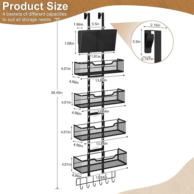 Adjustable Over The Door Organizer, Metal Hanging Door Storage with 4 Metal Baskets and PVC Pocket, Closet Door Organizer for Bathroom Bedroom Cabinet, Black