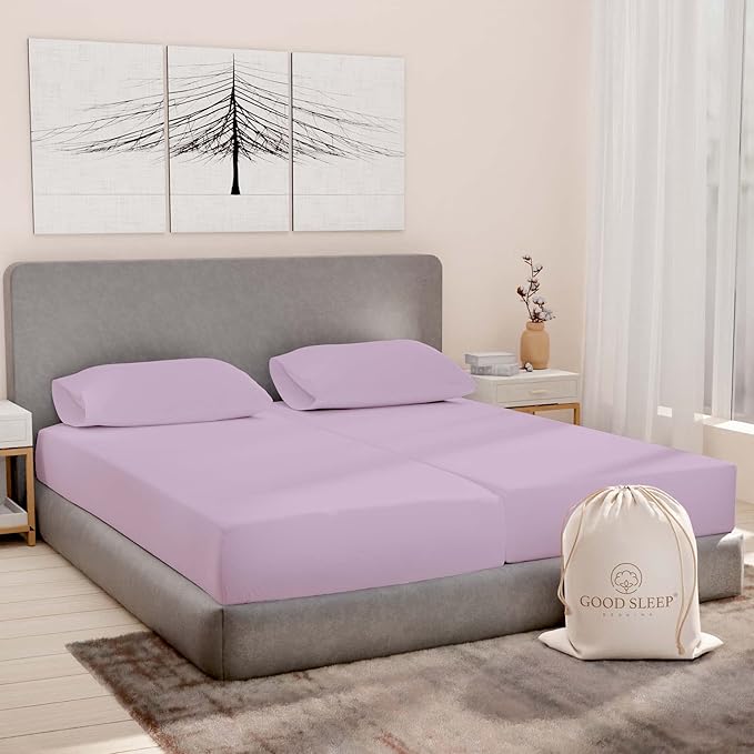 Split King Sheets Sets for Adjustable Bed Cotton, Luxury Sheets, Egyptian Cotton Sheets, 5 Piece 100% Cotton Split King Sheet Set, Sateen Sheetts, 2 Fitted - 16" Deep Pocket, Lavender GoodSleepBedding