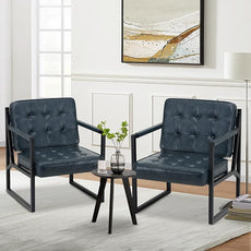COLAMY Accent Chairs Set of 2, Modern Accent Arm Chairs for Living Room, Comfy Leather Armchairs with Metal Legs for Bedroom Reception Room, Blue