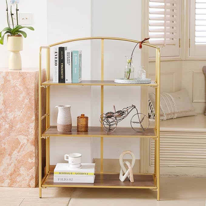 Crofy No Assembly Folding Bookshelf for Living Room, 3 Tier Gold Collapsible Book Shelf for Home Office, Portable Bookcase Storage Organizer