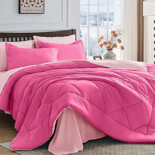 HEVUMYI Hot Pink & Baby Pink Queen Comforter Set - 7-Piece All Season Bed in a Bag Queen, Ultra Soft Bedding Set with Comforter, Flat Sheet, Fitted Sheet, Pillowcases, Pillow Shams