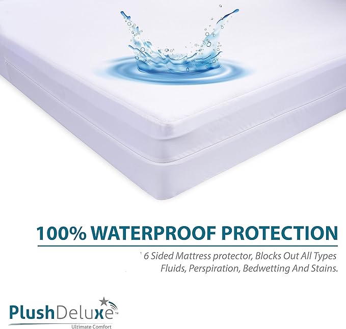 PlushDeluxe Queen Size Premium Mattress Encasement - Zippered Waterproof, Bedbug Proof Design, 6-Sided Protection - Hypoallergenic Cotton Terry Fabric 9-12" Depth