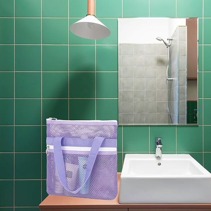 Mesh Shower Caddy Portable with Zipper & 2 Pockets - Quick Dry Shower Caddy Hanging for Travel Gym Camp Beach - Organizer Bag Bathroom Essentials for College Dorm