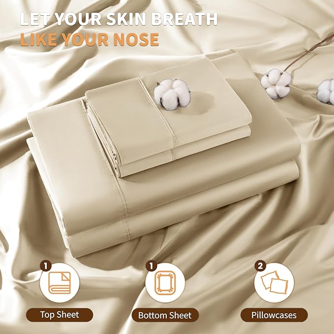 LBRO2M 100% Cotton Sheets Set Deep Pocket 19", 1000 Thread Count Queen Size 4 Piece Bed Sheet Sets Soft Comfortable Bedding All Season (Queen, Linen) LBRO2MBedding